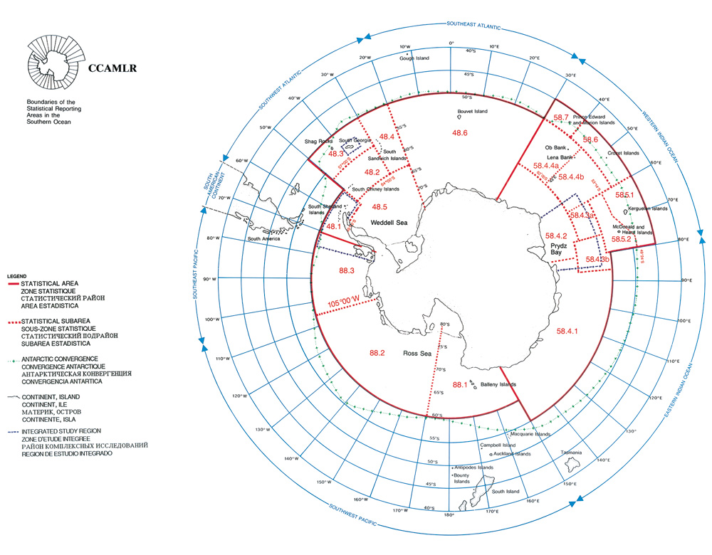 Figure 8.4 Overview of CCAMLR’s activity area, including statistical subareas.