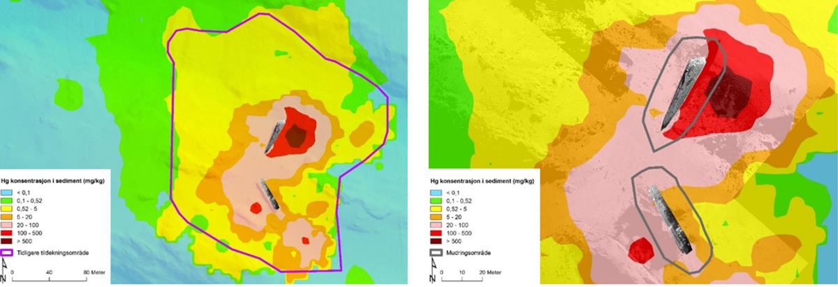 Illustrasjonen til venstre viser med farger konsentrasjonen av kvikksølv i sedimentene fra mørkerødt til blått. Vrakseksjonene sees omtrent midt i bildet. Deretter er det trukket en større sirkel rundt vrakseksjonene som illustrerer området som må mudres hvis man skal fjerne 15 000 m3 med sedimenter. Nede til venstre vises en beskrivelse av fargekodene, kartets nordpil og målestokk.

llustrasjonen til høyre viser med farger konsentrasjonen av kvikksølv i sedimentene fra mørkerødt til blått. Vraksekseksjonene sees også omtrent midt i bildet. Deretter er det trukket to sirkler rundt vrakseksjonene som illustrerer området som må mudres hvis man skal fjerne 1500 m3 med sedimenter. Nede til venstre vises en beskrivelse av fargekodene, kartets nordpil og målestokk.