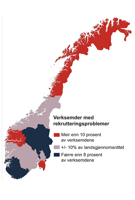 Figur 2.11 Verksemder som har mislukkast med å rekruttere arbeidskraft eller har måtta tilsetje nokon med annan eller lågare formell kompetanse enn dei søkte etter, etter fylke.