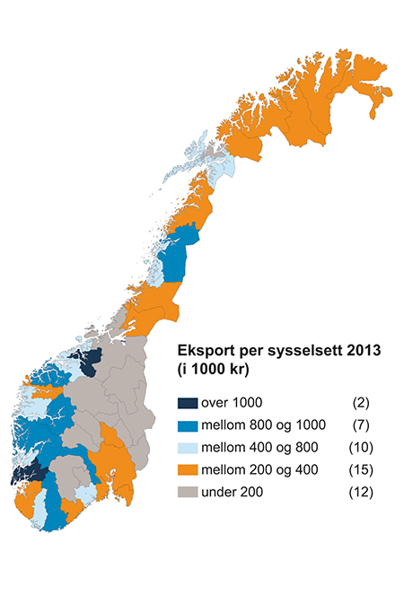 Figur 2.7 Eksport per sysselsett 2013 (i 1000 kr). 46 arbeidsmarknadsregionar.