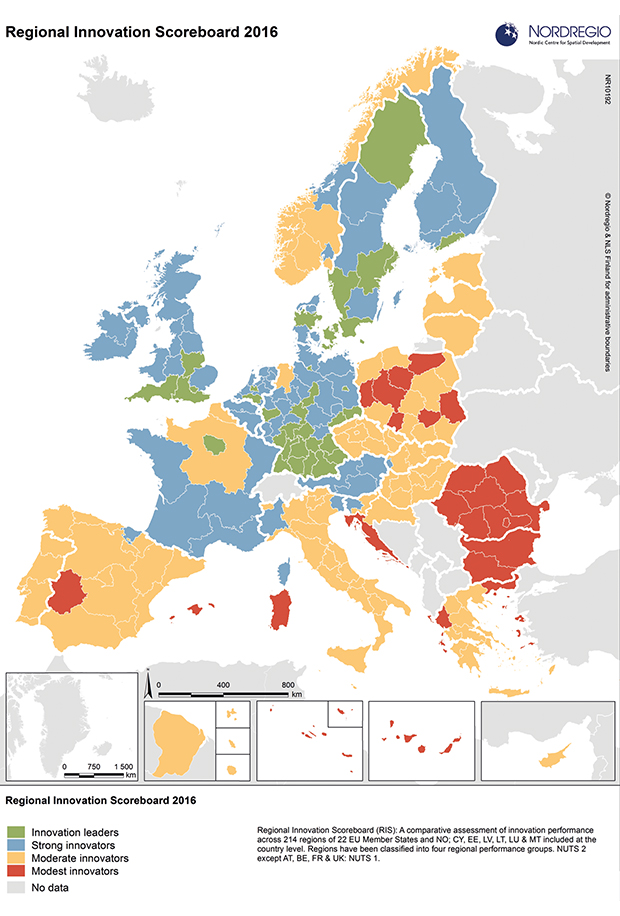 Figur 2.8 Regional innovation scoreboard 2016.
