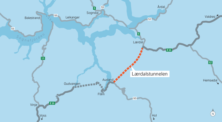 Figur 3.1 Oversiktskart E16 Lærdalstunnelen