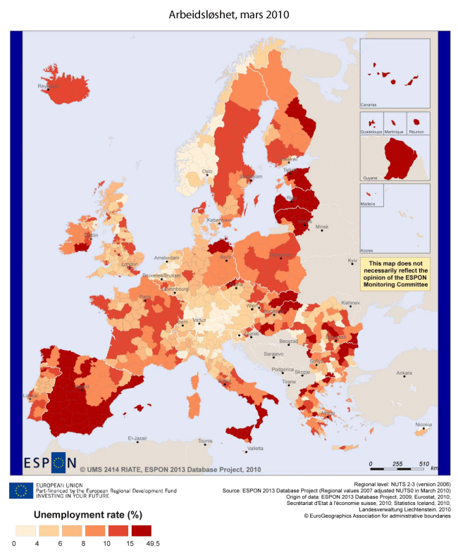 Figur 4.7 Regional arbeidsledighet i Europa