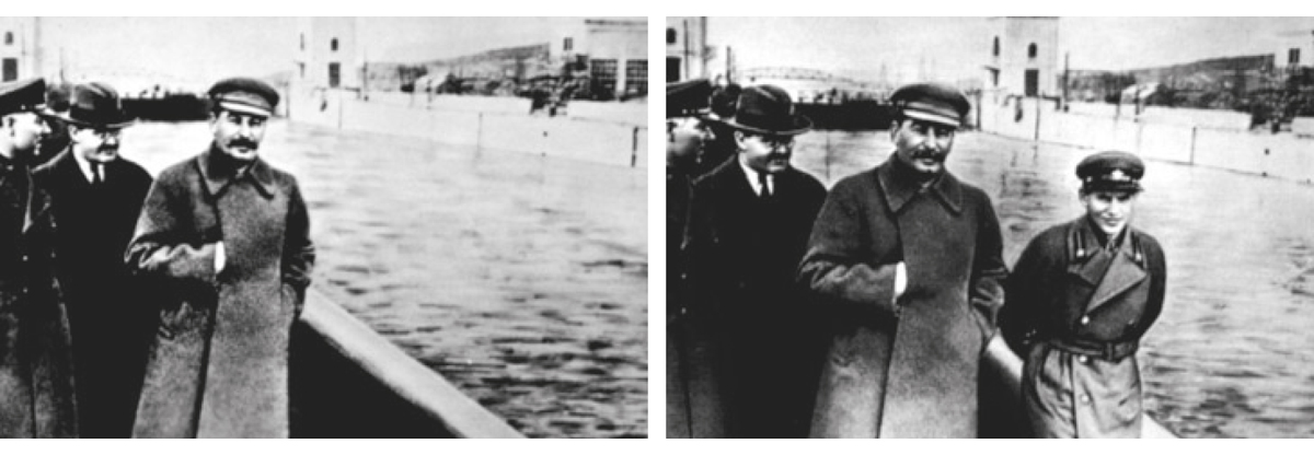 Figur 4.3 Stalin var kjent for systematisk manipulering av foto. I dette tilfellet er det kommisær Nikolai Ivanovich Yezhov som ble redigert vekk fra det opprinnelige bildet etter at han falt i unåde.4