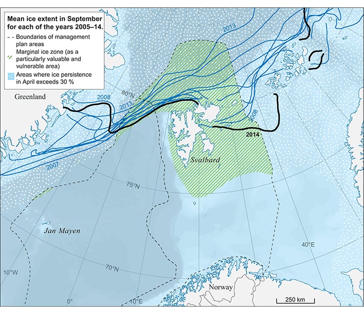 Figure 2.12 Mean ice extent in the Barents Sea in September for each of the years 2005–14. Comparing September 2013 and September 2014 shows how much the summer sea ice extent may vary from one year to another. Together with Figure 2.11, this figure also shows t...