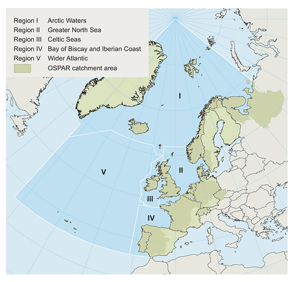 Figur 1.3 OSPAR-områdets inndeling i fem regioner.
