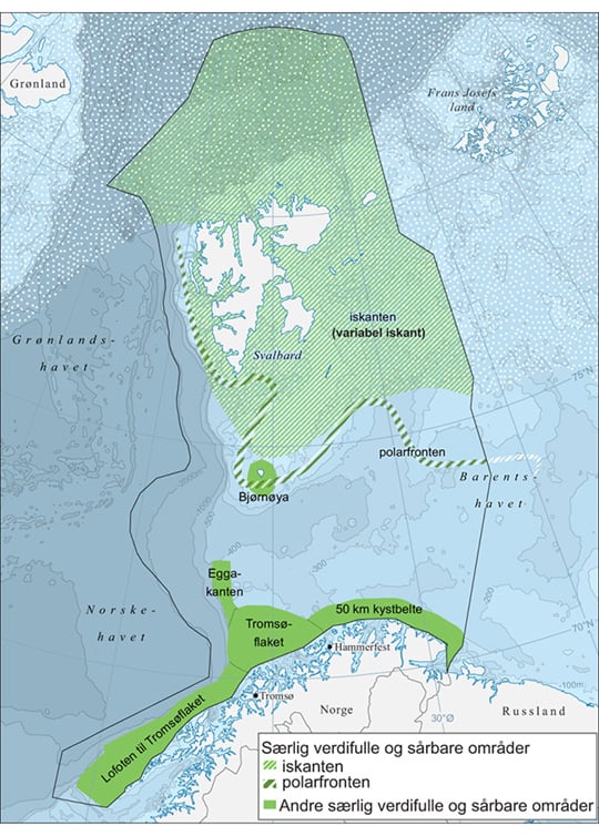 Figur 2.8 Særlig verdifulle og sårbare områder i forvaltningsplanområdet Barentshavet – Lofoten. Avgrensningen av det særlig verdifulle og sårbare området iskanten er oppdatert på grunnlag av data for isutbredelse gjennom perioden 1985–2014.
