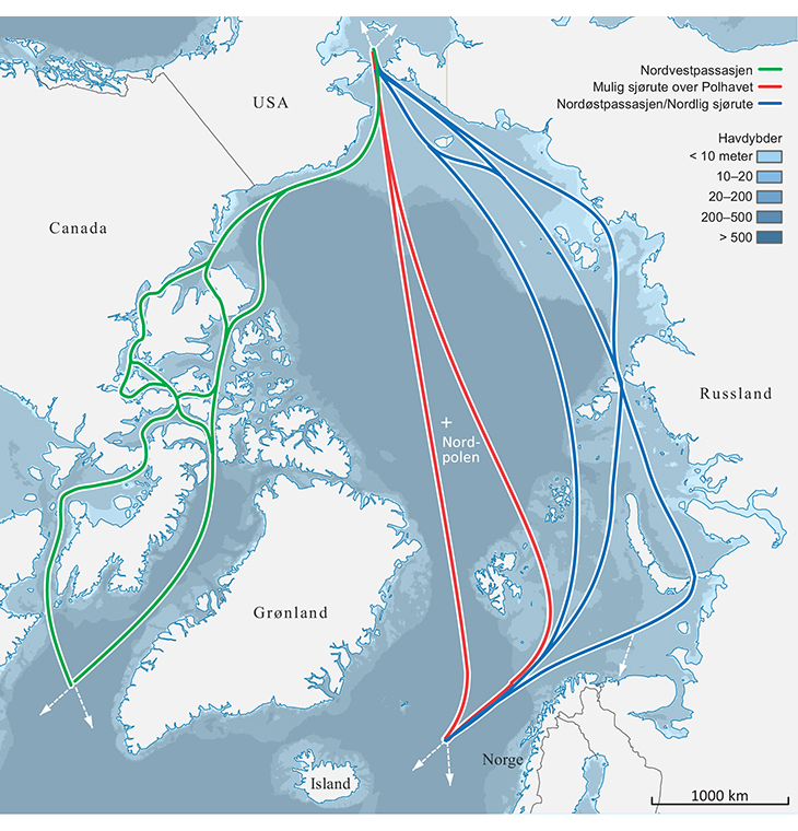 Figur 3.5 Hovedruter for forventet skipstrafikk gjennom Polhavet. Direkterutene må ses på som en korridor med mange seilingsmuligheter.
