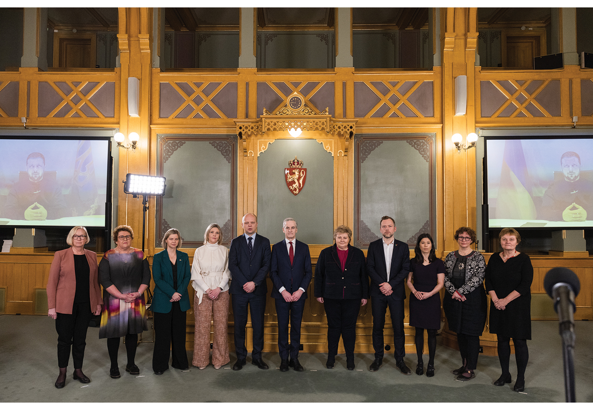 Figur 3.1 Nansen-programmet ble lansert i Stortinget 16. februar 2023. Ukrainas president Volodymyr Zelenskyj deltok via videolink.