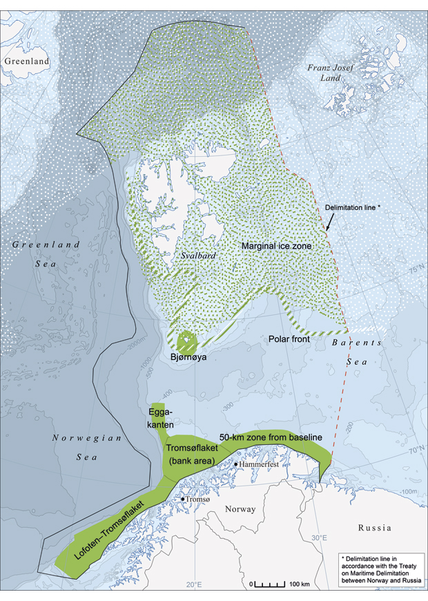 Figure 3.1 Particularly valuable and vulnerable areas in the Barents Sea–Lofoten area (shown in green)