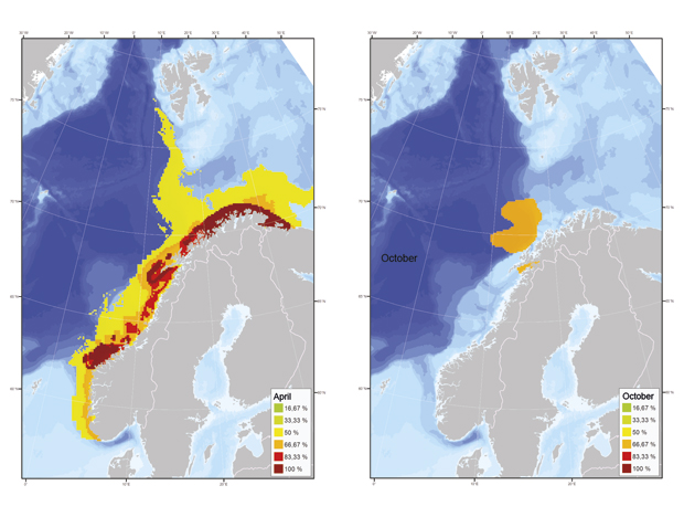 Figure 3.13 Internationally important areas for capelin, Norwegian spring-spawning herring and Northeast Arctic cod. The value of different areas for these species is expressed as percentages (the maximum value, designated as 100 %, is only assigned to spawning ...