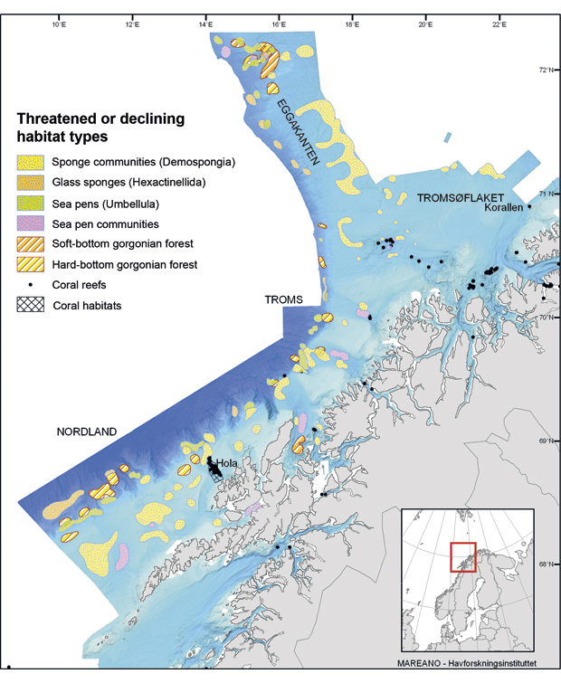 Figure 3.2 Parts of the Eggakanten area, the Tromsøflaket bank area and the area from the Lofoten Islands to the Tromsøflaket where there are habitat types listed as threatened and/or declining by OSPAR