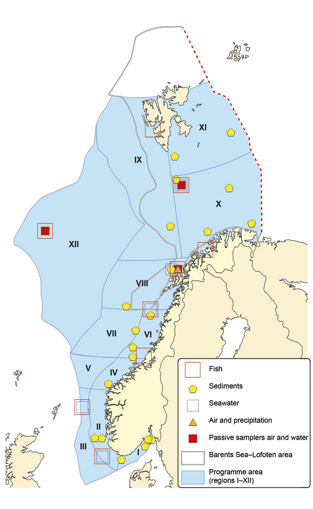 Figure 3.20 Measuring stations for the Marine Pollution Monitoring Programme in Norwegian waters in 2010