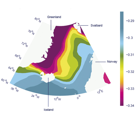 Figure 3.4 Projected changes in the acidity of surface seawater up to 2100