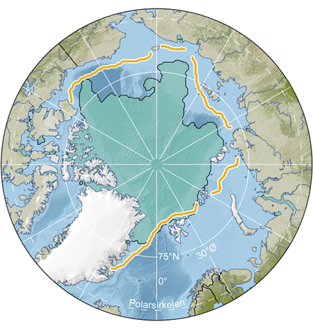 Figure 3.6 Extent of the sea ice in September 2010 (green shading) and average sea ice extent in September for the period 1979–2000 (orange line)