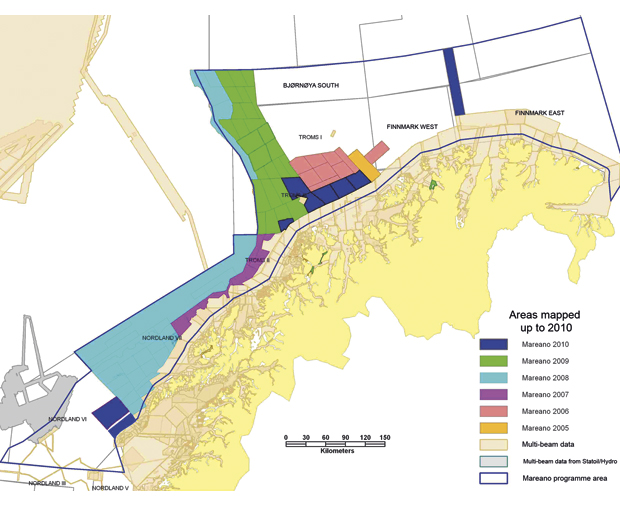 Figure 3.8 Areas where depth surveys have been carried out as part of the MAREANO programme