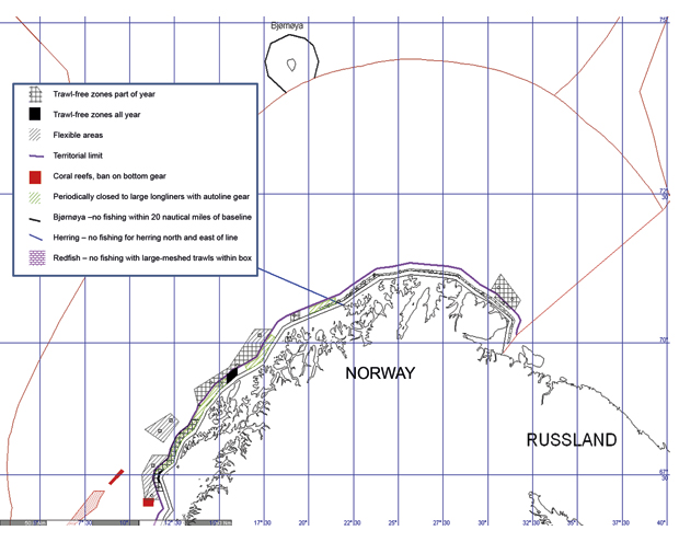 Figure 4.1 Trawl-free zones and flexible areas in the Barents Sea