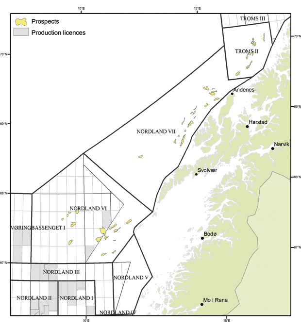 Figure 4.13 Mapped prospects in Nordland VI, Nordland VII and Troms II, 2007–09