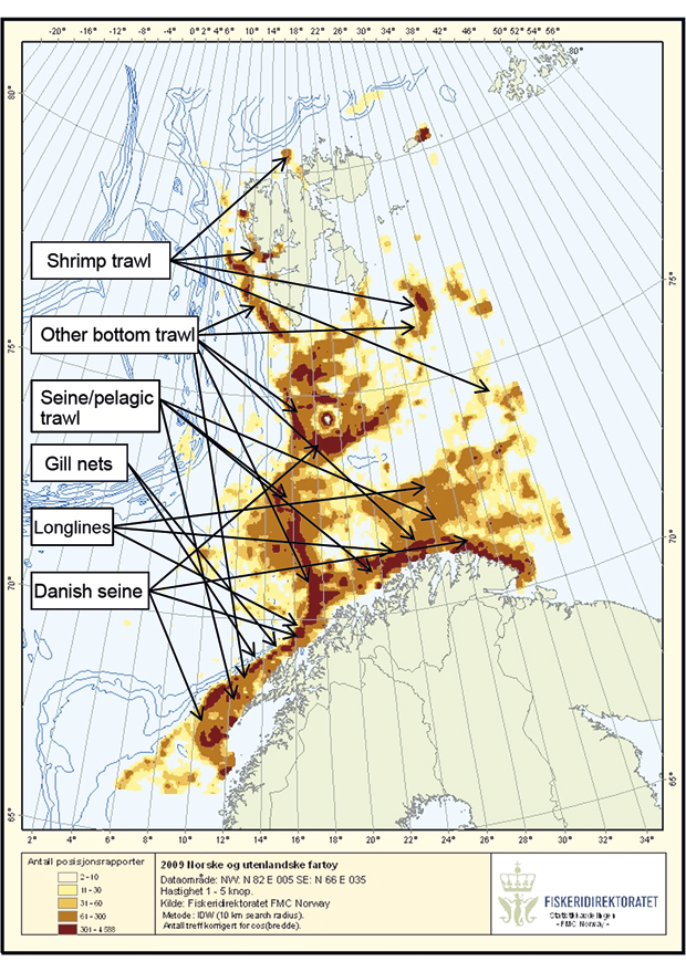 Figure 4.2 Fishing vessel activity for vessels with a length of more than 21 m in 2009. The dark shading shows the greatest activity.