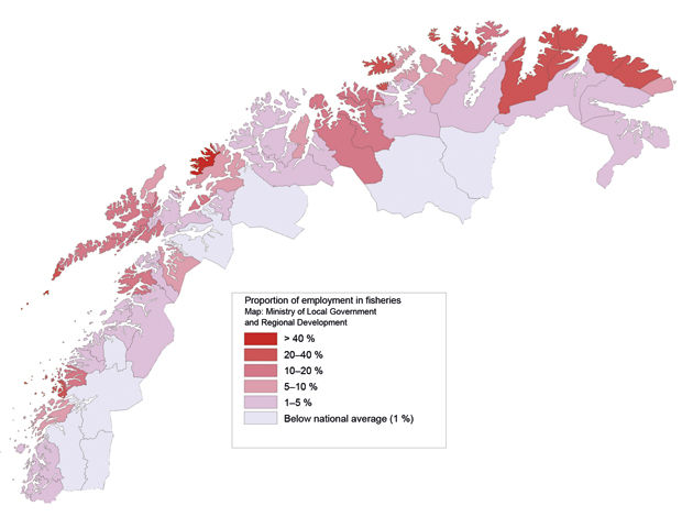 Figure 4.3 Employment in the fisheries sector in North Norway, as a percentage of total employment.