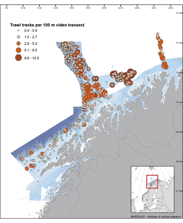 Figure 4.5 Density of trawl tracks on the seabed in areas mapped by MAREANO up to the 2009/2010 season.