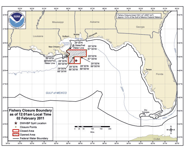 Figure 5.3 Areas closed to fisheries in the gulf of Mexico on 2 February 2011.