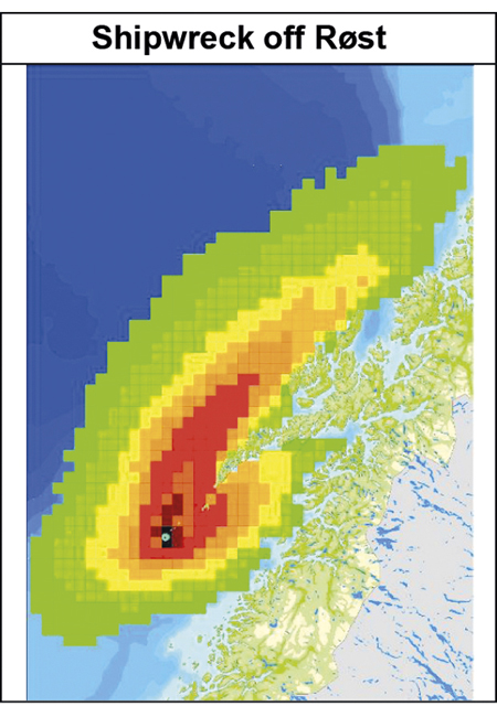 Figure 5.6 Result of modelling of an oil spill from a shipwreck off Røst in Nordland VI, with a spill of 15 000 tonnes/day for 4 days. The map shows the probability of oil contamination.