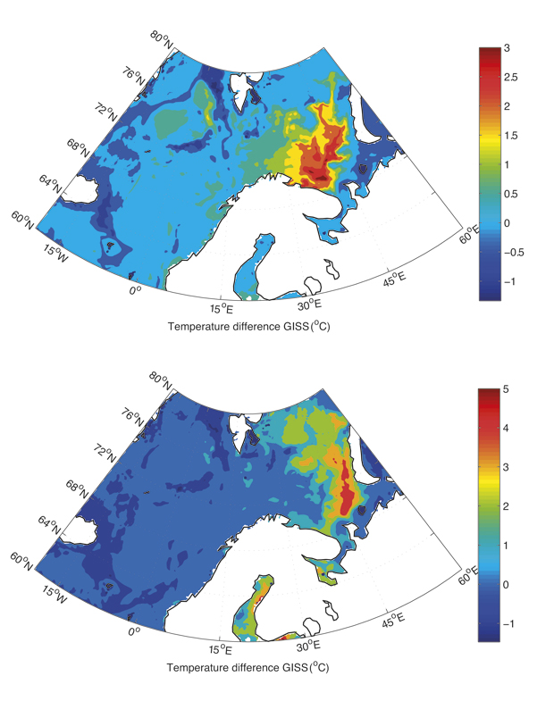Figure 6.5 Results of simulations of changes in sea temperature in March (top) and September (bottom), showing the difference between the period 2046–65 and the control period 1981–2000.