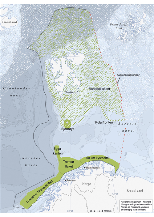 Figur 3.1 Særlig verdifulle og sårbare områder i Barentshavet – Lofoten (grønne områder)