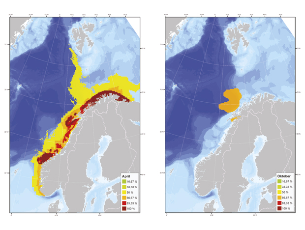 Figur 3.13 Internasjonalt viktige områder for lodde, norsk vårgytende sild og nordøstarktisk torsk. Områdeverdier er angitt som prosent av maksimal mulig verdi, der kun gyteområder kan komme opp i 100 prosent. Verdier er angitt for vår og høst. I oktober er det...