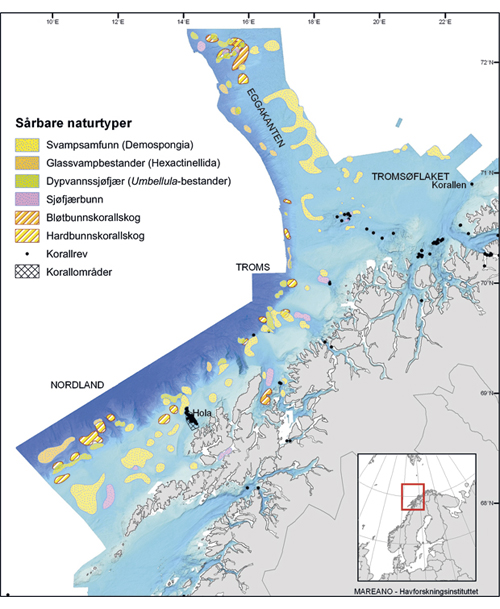 Figur 3.2 Områder på eggakanten og Tromsøflaket og utenfor Lofoten, Vesterålen og kysten av Troms med naturtyper som kan klassifiseres som sårbare og truete i henhold til OSPAR sine habitatdefinisjoner