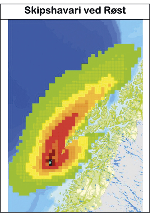 Figur 5.6 Resultatet fra spredningsmodellering av olje gitt et skipshavari ved Røst i Nordland VI med utslipp av 15 000 tonn per døgn i 4 døgn. Resultatet viser sannsynligheten for treff av olje