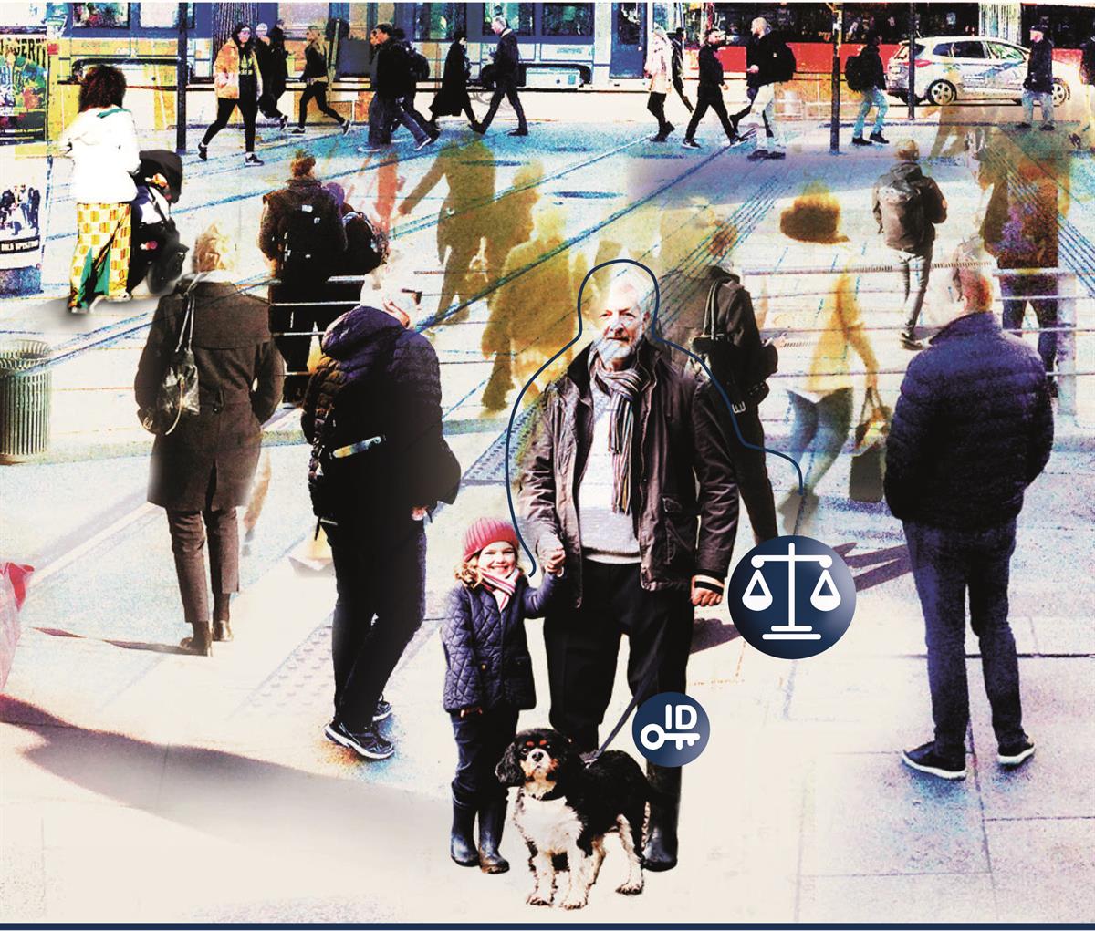 A focus on a new life event, a grandfather and a grandchild with a dog, walking in town.
A drawn line embraces the grandfather and leads to the symbol for "Death and Inheritance"