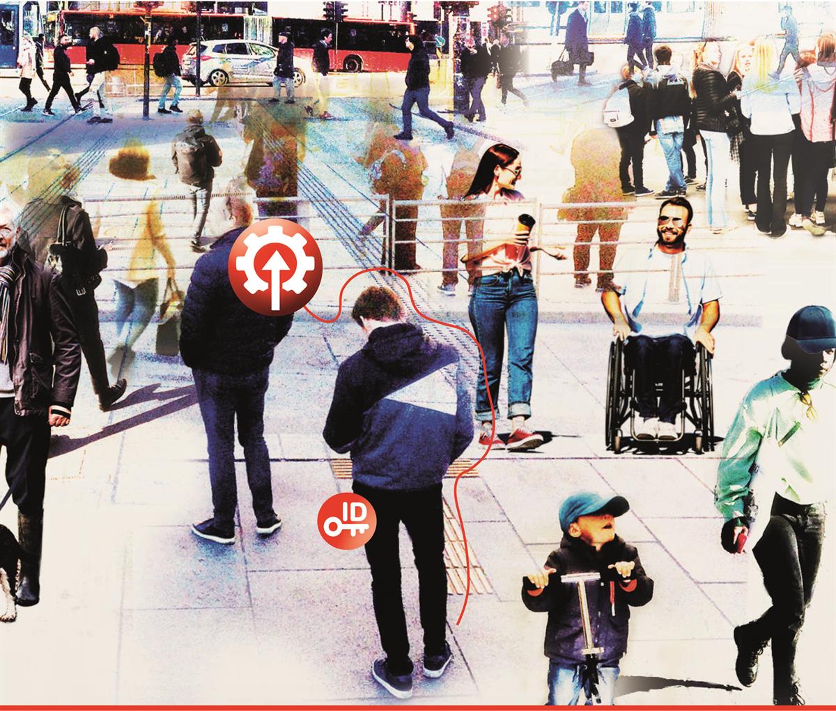 Focus on a new life event, a young man looking at his phone. A drawn line embraces the man and leads to the symbol for "Losing and finding a job"