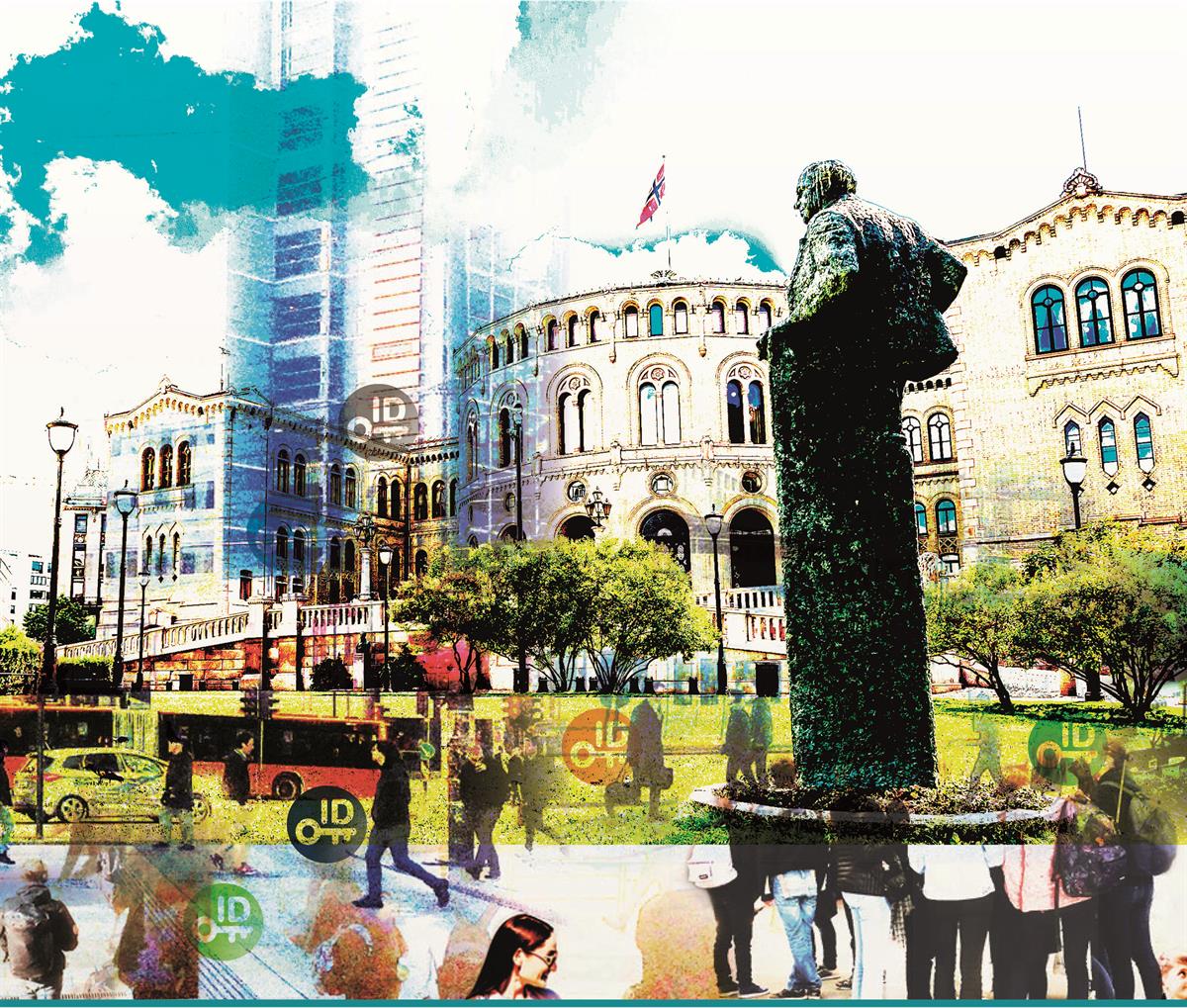 The Norwegian parliament in a collage with teaming city life. Symbols for the different life events and ID-keys are displayed In different spots in the picture.