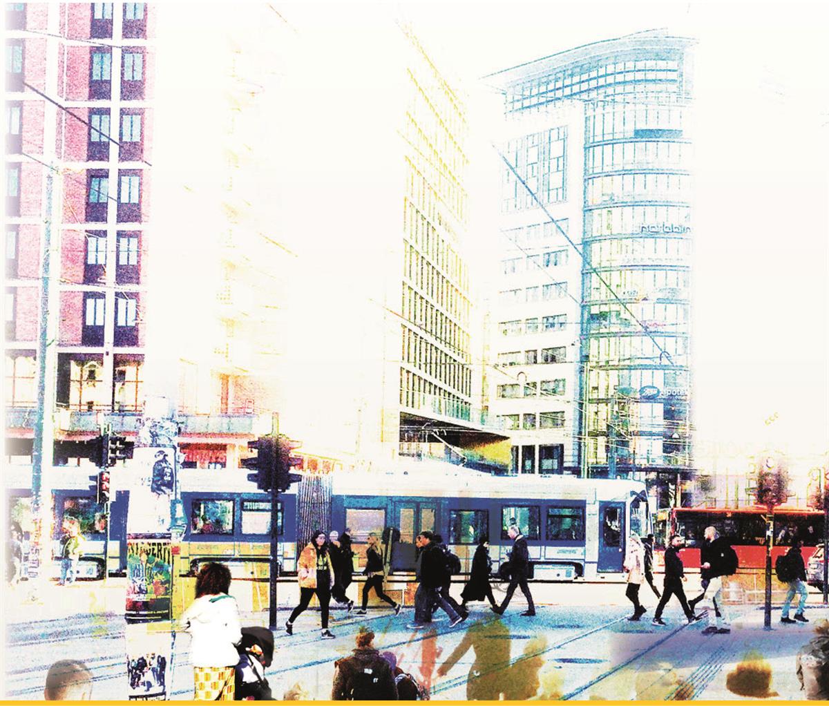 Cityscape, tram, busses, teaming city life