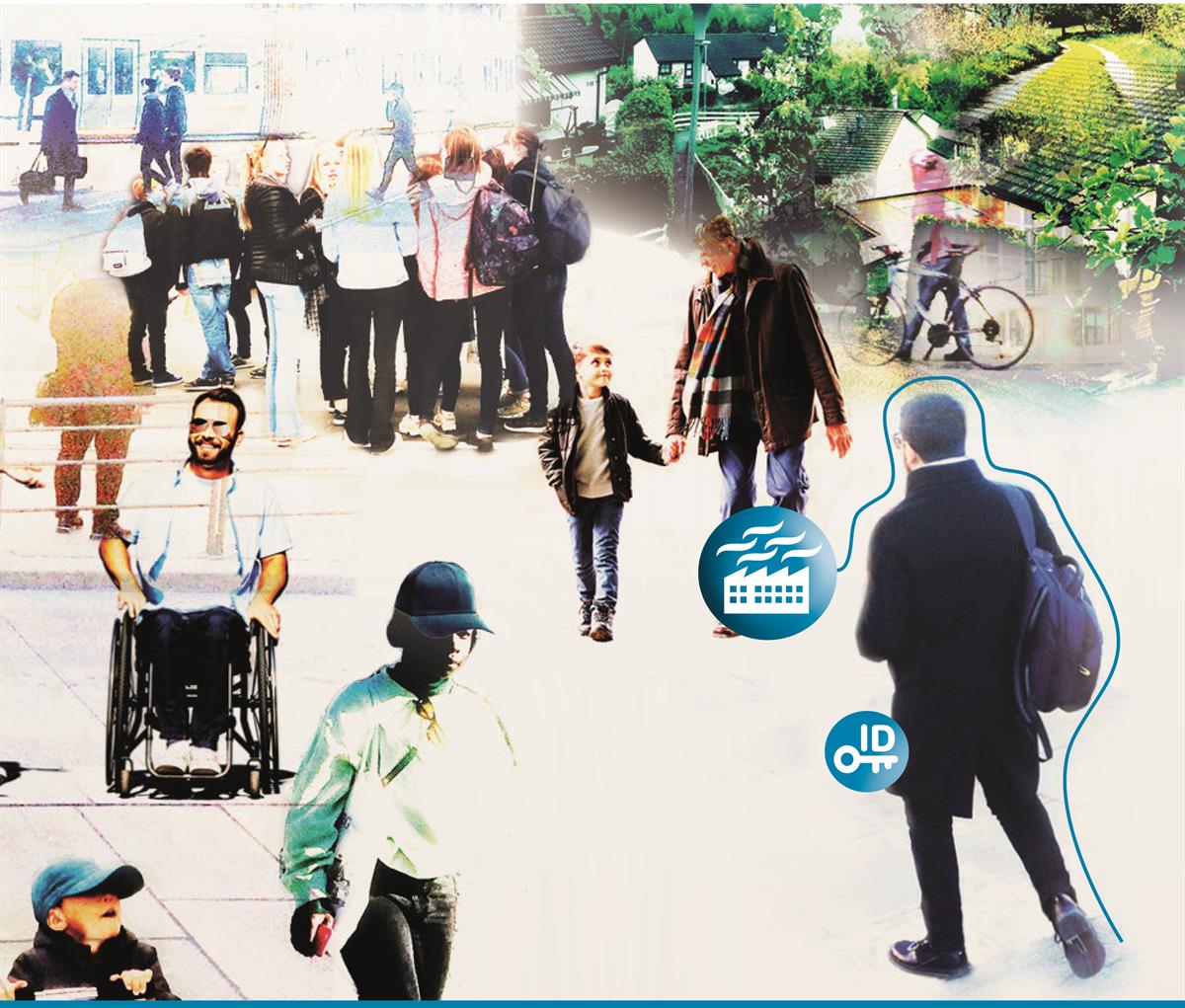 Focus on a new life event, an executive on the way to something, in the morning rush.
A drawn line embrace the person and leads to the symbol for "starting and managing a voluntary organisation".