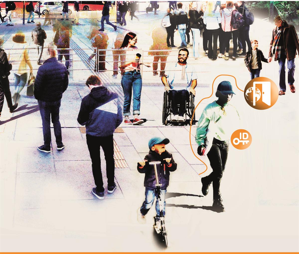 A focus on a new life event, a person of colour on the way to something, in the same teeming environment.
A drawn line embrace the person and leads to the symbol for "New in Norway"