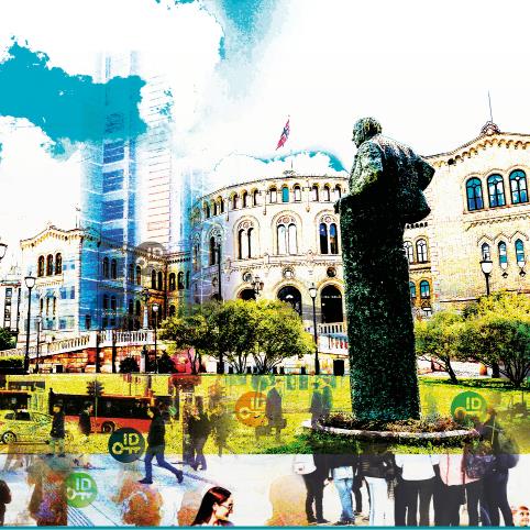 Stortinget integrert i collage med yrende folkeliv. Symboler for de ulike livshendelsenes ID-nøkler dukker opp på forskjellige plasser i llustrasjonen