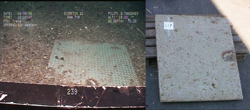 Figur 6.27 Aluminiumsplate på havbunn og etter heving.
