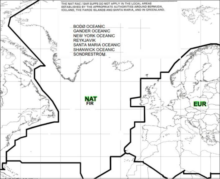 Map showing ICAO’s regional divisions – NAT and EUR