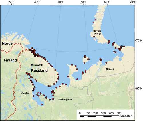 Figur 3.3 180 RTG-er er fjernet fra fyrlykter i Nordvest-Russland. Kartet
viser plasseringen til fyrlyktene.