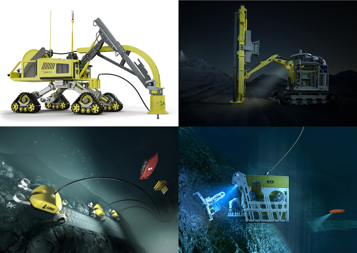 Figur 4.1 Ulike norske potensielle teknologier for prøvetaking og utvinning av havbunnsmineraler fra RenOcean (øverst til venstre), fra Adepth Minerals (i samarbeid med Seabed Solutions og Deep Ocean, øverst til høyre) og Loke Marine Minerals (for skorper nede...
