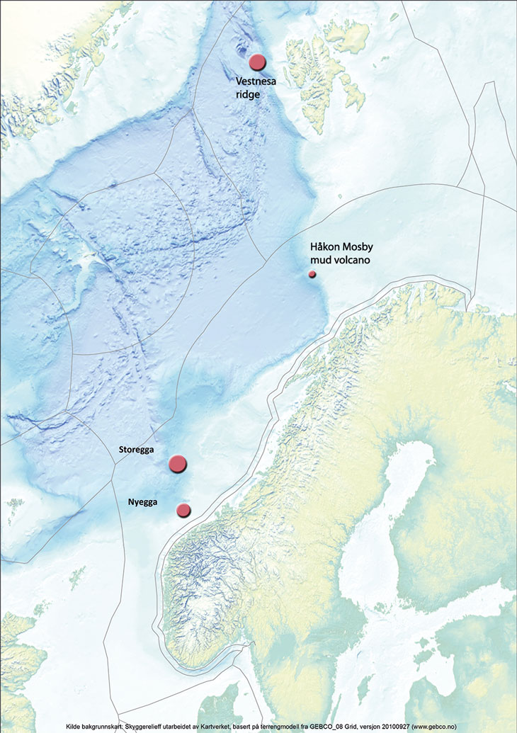 Figure 3.11 Methane hydrate deposits reported in Norwegian waters.