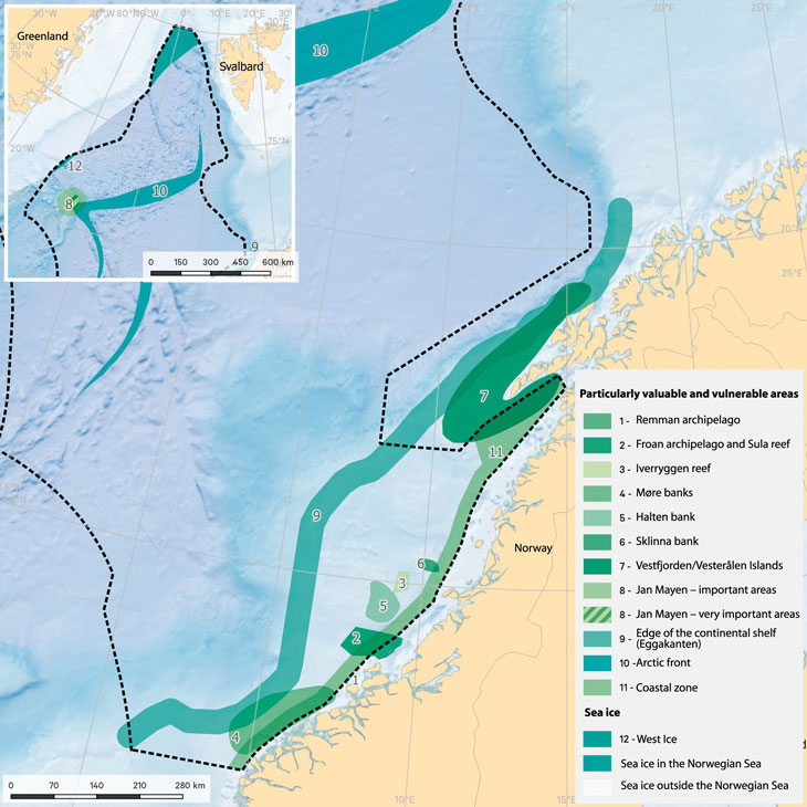 Figure 3.19 Particularly valuable and vulnerable areas in the Norwegian Sea.