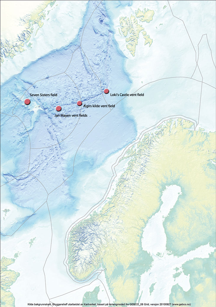 Figure 3.9 Known active hydrothermal vent fields in the Norwegian Sea.