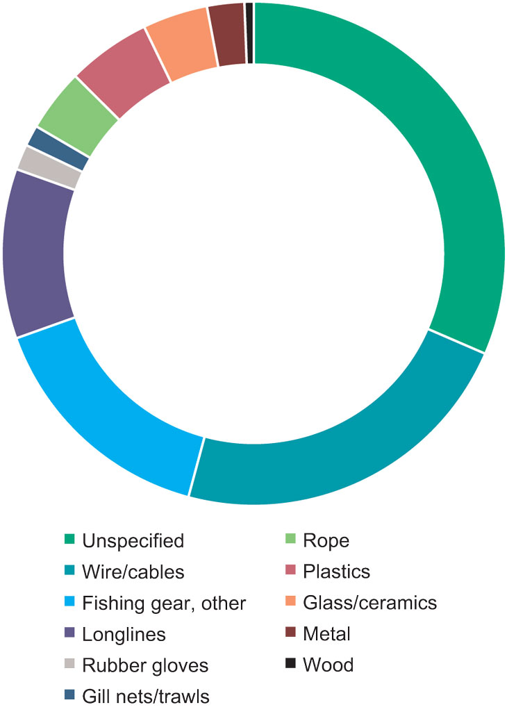 Figure 4.6 Types of litter observed on the seabed during MAREANO surveys in the Norwegian Sea and the Barents Sea – Lofoten area.