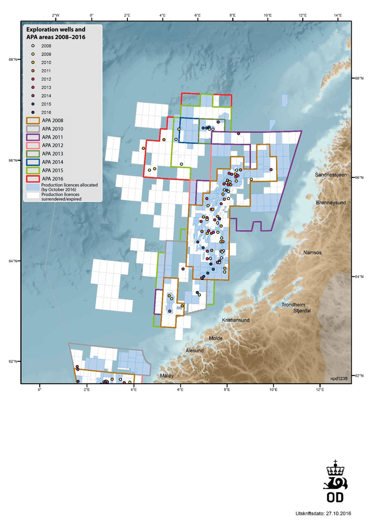 Figure 5.5 Exploration wells and awards in predefined areas (APA) in the Norwegian Sea.