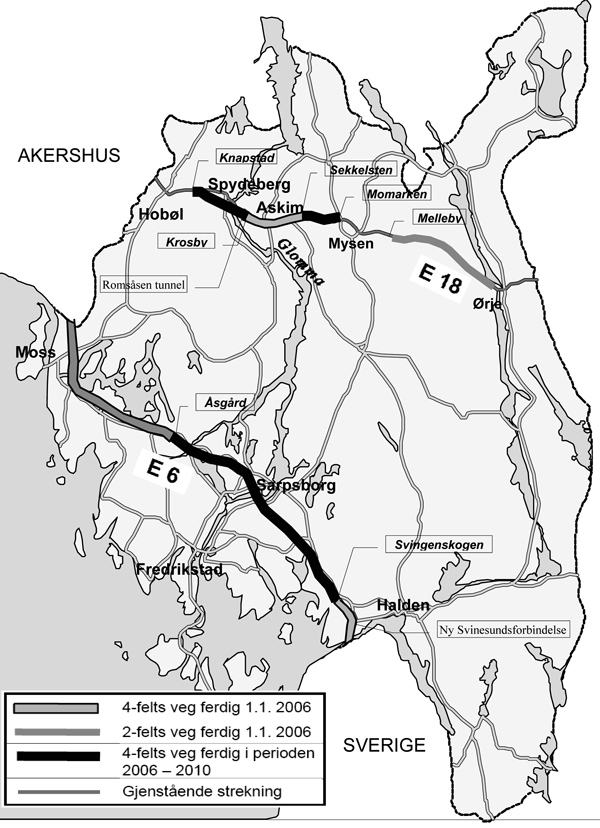 Figur 1.1 Oversiktskart E6/E18 i Østfold