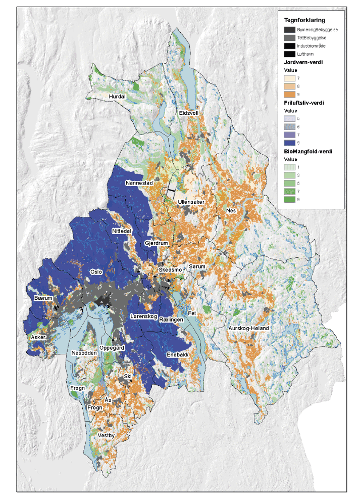 Figur 4.7 Jordvern-, friluftsliv- og naturverninteresser i Oslo og Akershus.
